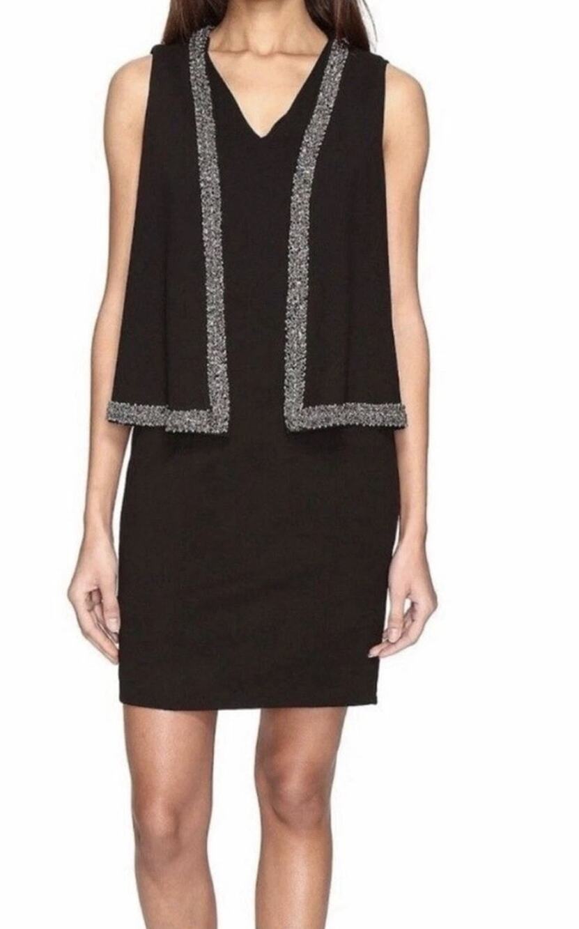 NWT Adrianna Papell Women's Black Crepe Cold Shoulder Cape Sheath Dress Size 8P